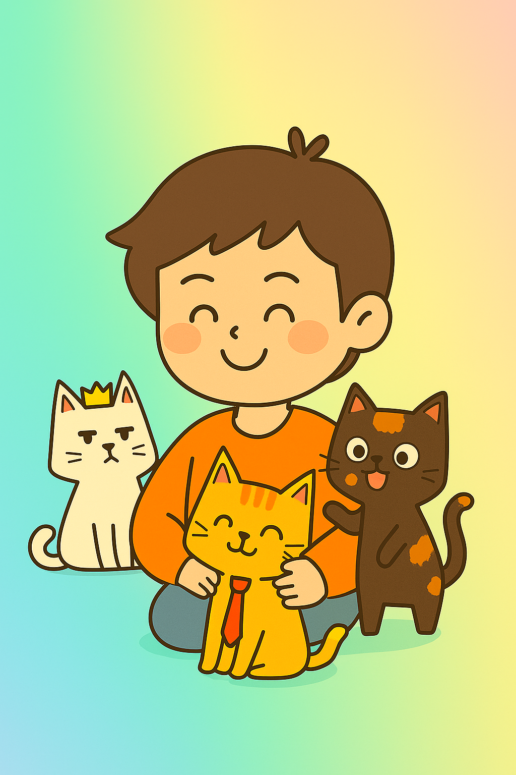 Happy cat owner surrounded by cats showing different personalities