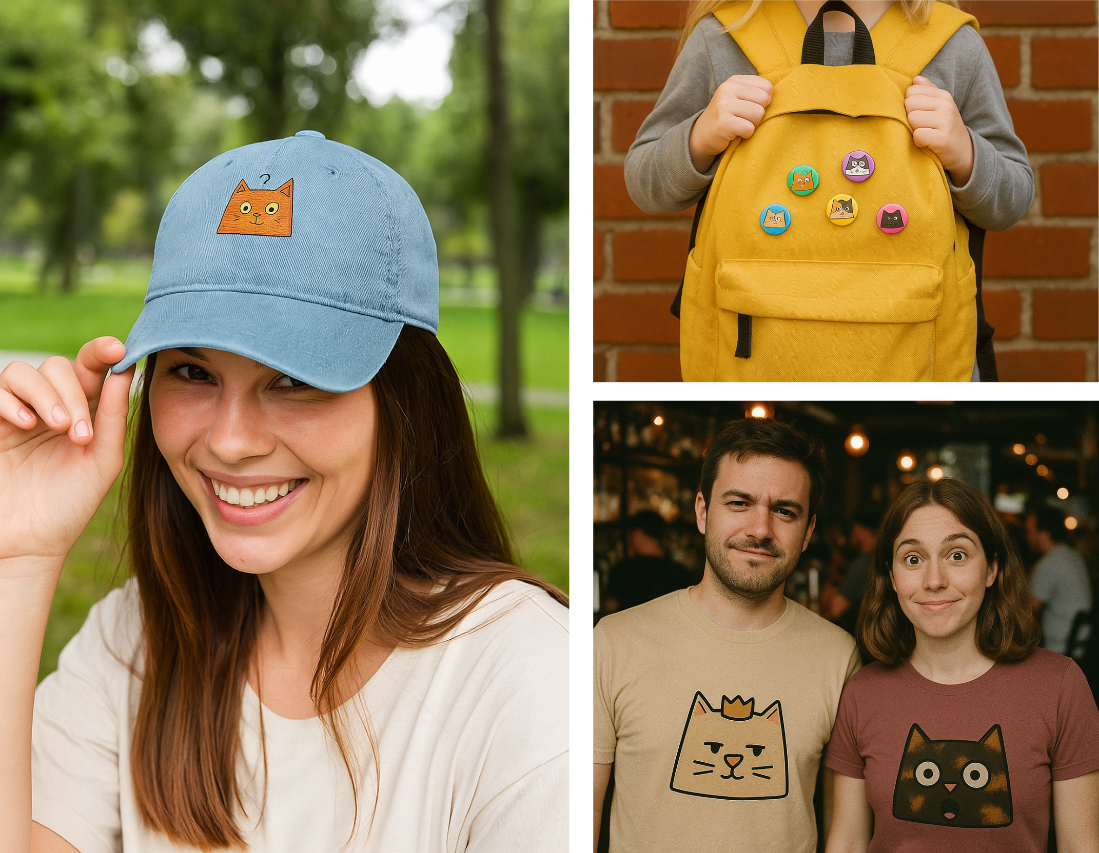 Diverse group of cat owners at a cat cafe or park, some wearing 16Purrsonalities merch, cats visible